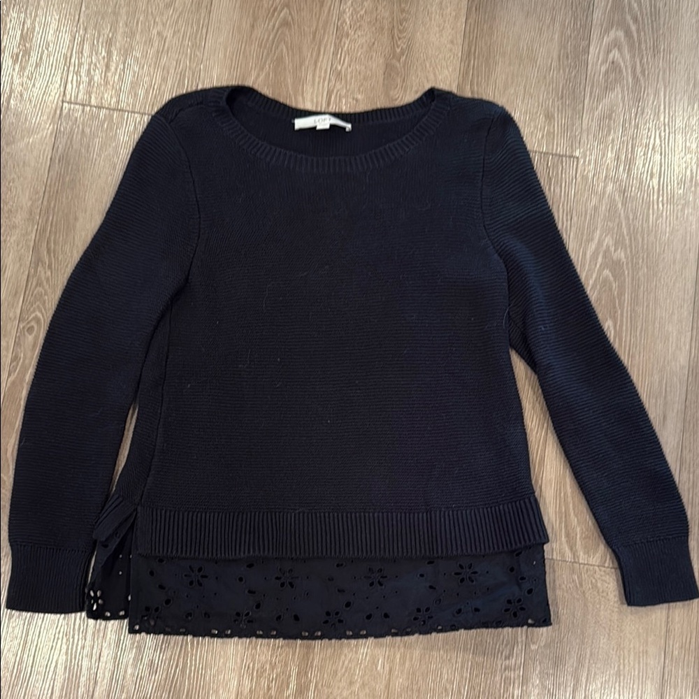 LOFT Black Crew Neck Sweater with Lace Hem - Picture 1 of 3